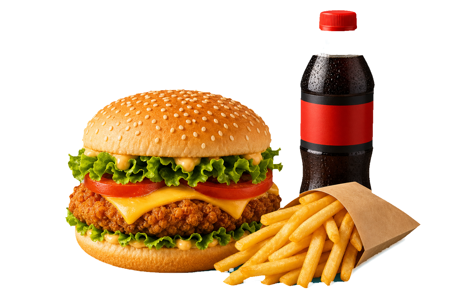 Chicken burger with fries and a cola bottle