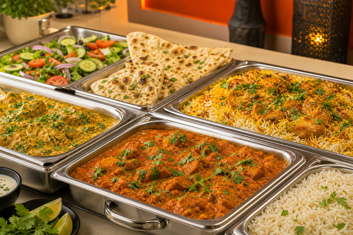 Catering trays filled with halal dishes