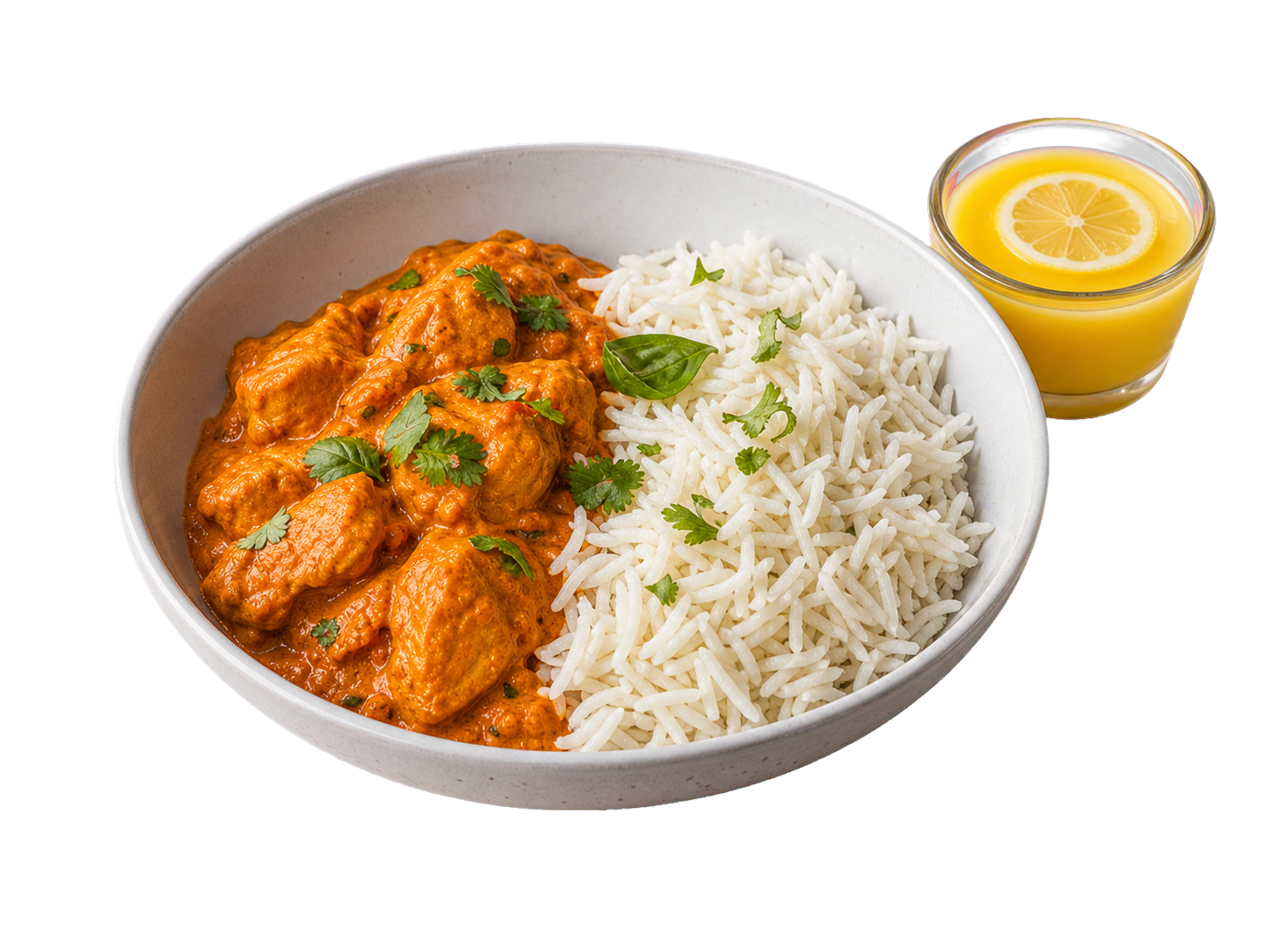 Chicken curry with rice and lemon drink